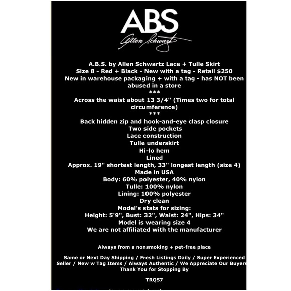 $250 ABS Lace + Tulle Hi Lo Skirt 8 Red Black Tulle Undershirt High Low Pockets - Picture 2 of 16
